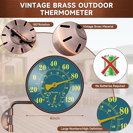 4 Inch Outdoor Thermometer Hygrometer, Brass Retro Patio Thermometer, Waterproof Temperature Gauge with Easy-to-Read Dial