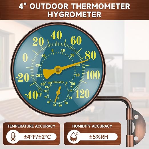4 Inch Outdoor Thermometer Hygrometer, Brass Retro Patio Thermometer, Waterproof Temperature Gauge with Easy-to-Read Dial