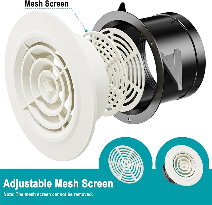 4 Inch Round Air Vent, Adjustable ABS Vent Cover, White Louver Grille Vent Fit for Bathroom, Office, Kitchen, Ventilation Use