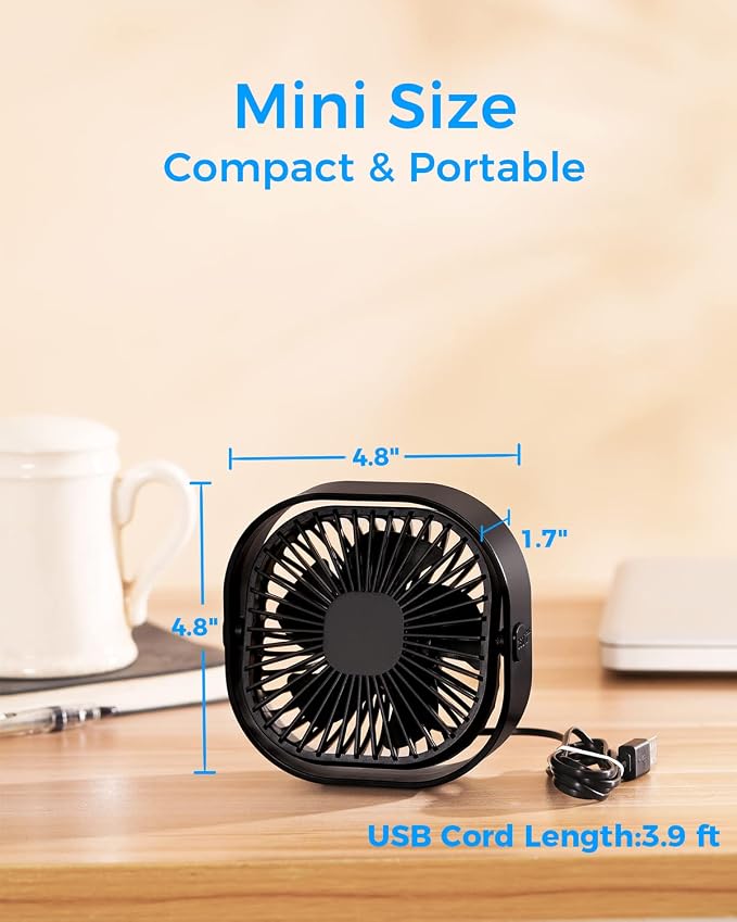4 Inch Small USB Desk Fan, 3-Speed Portable & 360°Rotatable Mini Cooling Fan, USB-Powered Desktop Fan for Home Office Bedroom