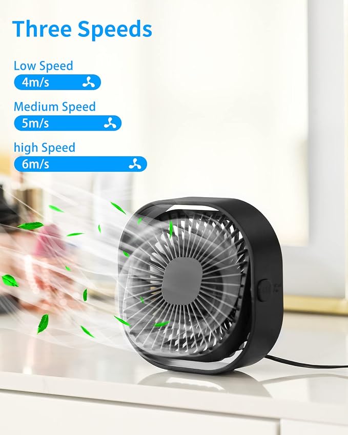 4 Inch Small USB Desk Fan, 3-Speed Portable & 360°Rotatable Mini Cooling Fan, USB-Powered Desktop Fan for Home Office Bedroom