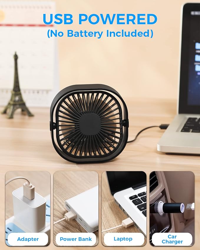 4 Inch Small USB Desk Fan, 3-Speed Portable & 360°Rotatable Mini Cooling Fan, USB-Powered Desktop Fan for Home Office Bedroom