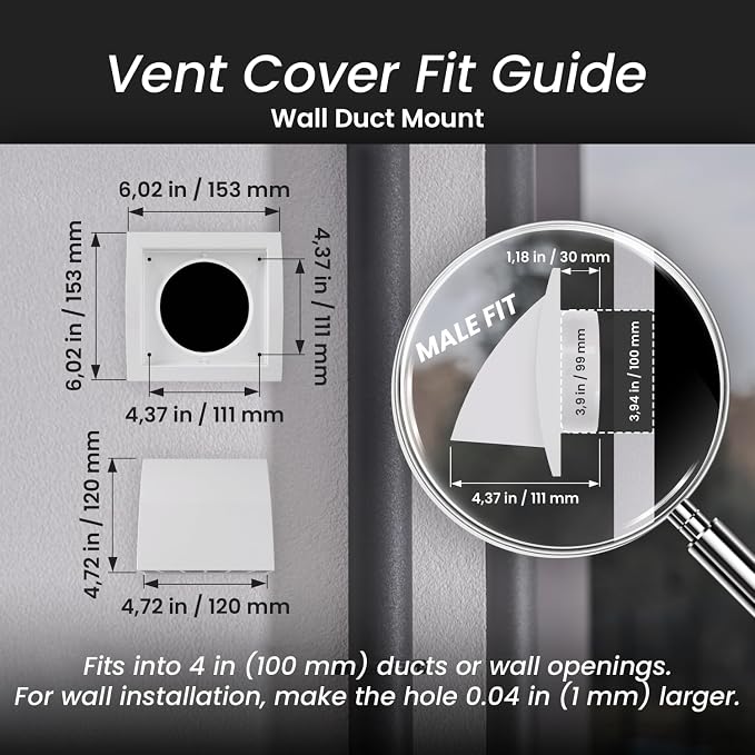 4 Inch White Dryer Vent Hood/Duct Cover for Walls or Ceiling/ABS Plastic Protection Hood With Rain Cover and, alternate view