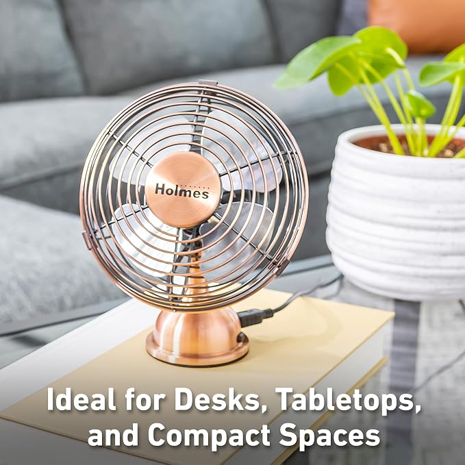 4" Mini Heritage Desk Fan, USB-Powered, Single Speed, 4 Blades, Adjustable 100° Head Tilt, Metal Construction, Ideal for