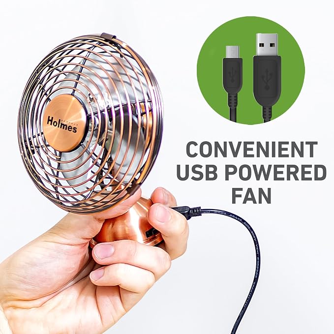 4" Mini Heritage Desk Fan, USB-Powered, Single Speed, 4 Blades, Adjustable 100° Head Tilt, Metal Construction, Ideal for