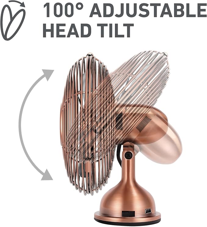 4" Mini Heritage Desk Fan, USB-Powered, Single Speed, 4 Blades, Adjustable 100° Head Tilt, Metal Construction, Ideal for
