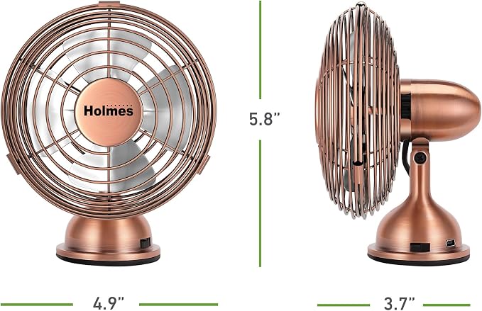 4" Mini Heritage Desk Fan, USB-Powered, Single Speed, 4 Blades, Adjustable 100° Head Tilt, Metal Construction, Ideal for