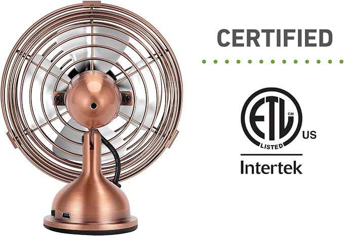 4" Mini Heritage Desk Fan, USB-Powered, Single Speed, 4 Blades, Adjustable 100° Head Tilt, Metal Construction, Ideal for