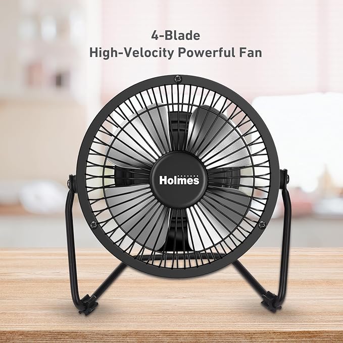 4" Mini High-Velocity Personal Desk Fan, 4 Blades, Adjustable 360° Head Tilt, Durable Metal Construction, Single Speed, Ideal