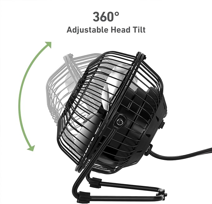4" Mini High-Velocity Personal Desk Fan, 4 Blades, Adjustable 360° Head Tilt, Durable Metal Construction, Single Speed, Ideal