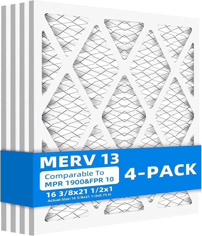 (4 Pack) 16 3/8x21 1/2x1 Furnace Air Filters, MPR 1900 & FPR 10, MERV 13 Pleated Air Filter (Actual Size: 16
