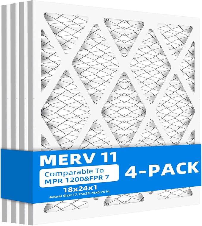 (4 Pack) 18x24x1 Furnace Air Filters, MPR 1200 & FPR 7, MERV 11 Pleated Air Filter (Actual Size: 17.75" x 23.75" x 0.75")