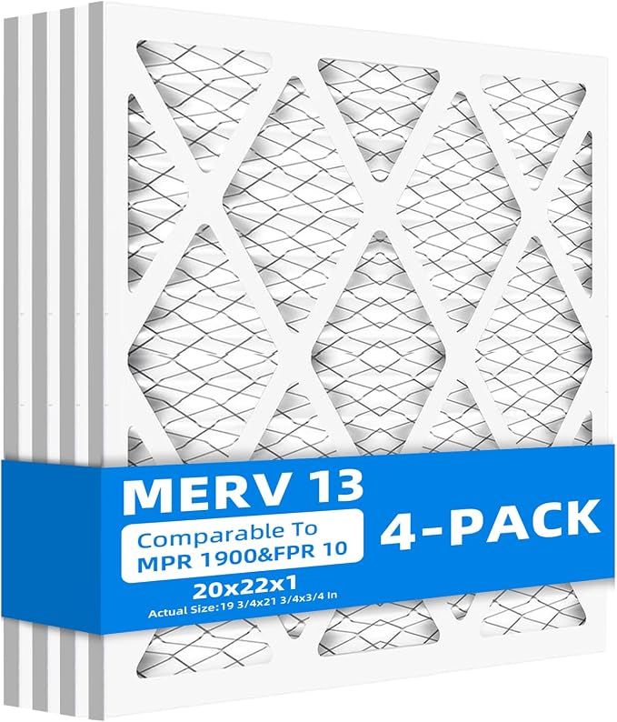(4 Pack) 20x22x1 Air Filter, MPR 1900 & FPR 10, MERV 13 Pleated Air Filter (Actual Size: 19.75" x 21.75" x 0.75"), product