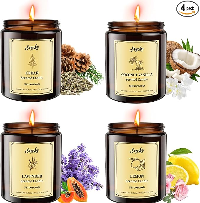 4 Pack 28oz Scented Candles, Soy Wax Jar Candles, Coconut Vanilla, Cedar, Lemon, Lavender, Scented Candles for Home, Fall