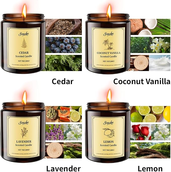 4 Pack 28oz Scented Candles, Soy Wax Jar Candles, Coconut Vanilla, Cedar, Lemon, Lavender, Scented Candles for Home, Fall