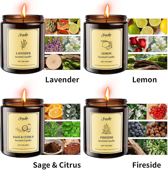 4 Pack 28oz Scented Candles, Soy Wax Jar Candles, Lemon, Lavender, Sage & Citrus, Fireside, Scented Candles for Home, Fall
