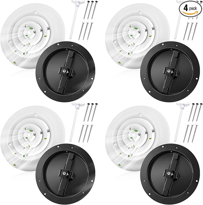 4 Pack 6 Inch Round Vent Cover Ceiling Diffuser HVAC Vent Duct Cover Replacement with Steel Butterfly Damper