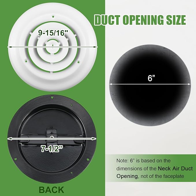 4 Pack 6 Inch Round Vent Cover Ceiling Diffuser HVAC Vent Duct Cover Replacement with Steel Butterfly Damper, alternate view