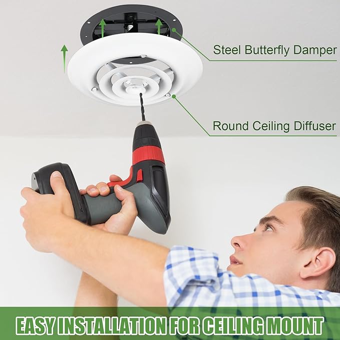 4 Pack 6 Inch Round Vent Cover Ceiling Diffuser HVAC Vent Duct Cover Replacement with Steel Butterfly Damper, alternate view