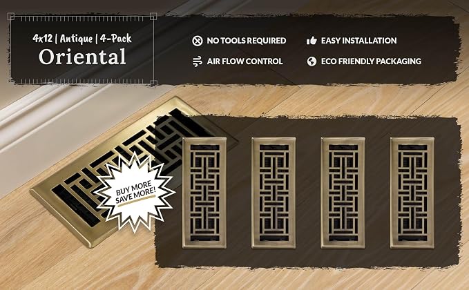 (4-Pack) AJH412-A Oriental Floor Register, 4x12 Inches, Antique Brass Finish, alternate product view 7