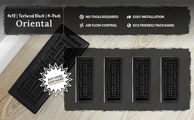 (4-Pack) AJH412-BLK Oriental Floor Register, 4x12 Inches, Textured Black Finish, alternate product view 9