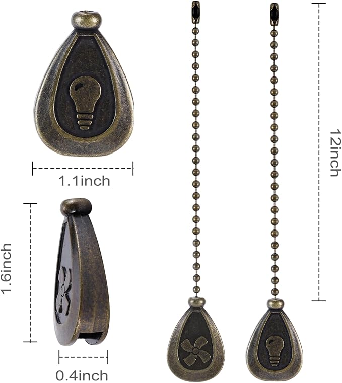4 Pack Bronzed Ceiling Fan Pull Chain Extension, 12 Inches Classic Drop Shaped Pendant Pull Chains for Ceiling Fans and