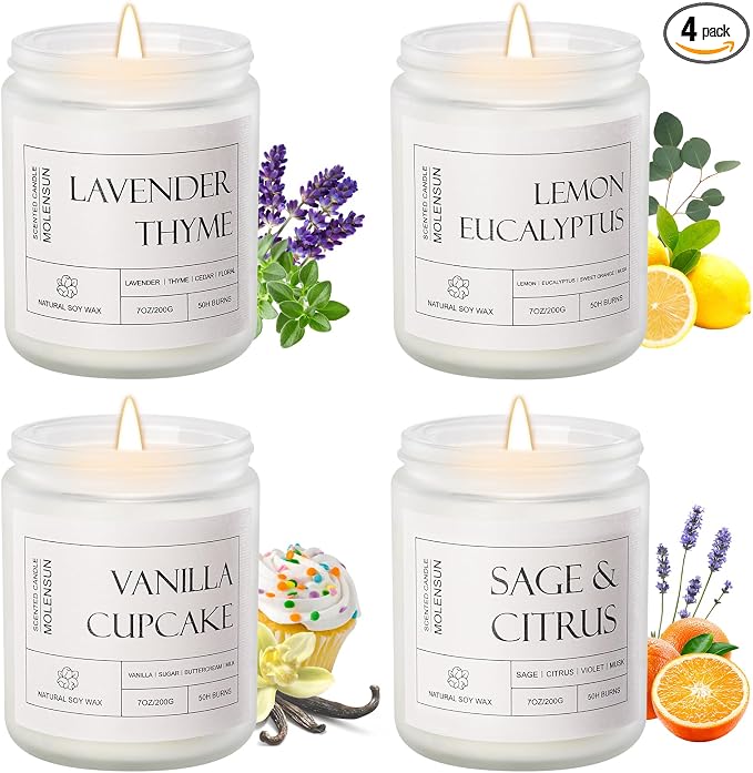 4 Pack Candles for Home Scented, 28 oz Long Lasting Candles, Soy Candle Set Gift for Women - Lavender Thyme/Lemon