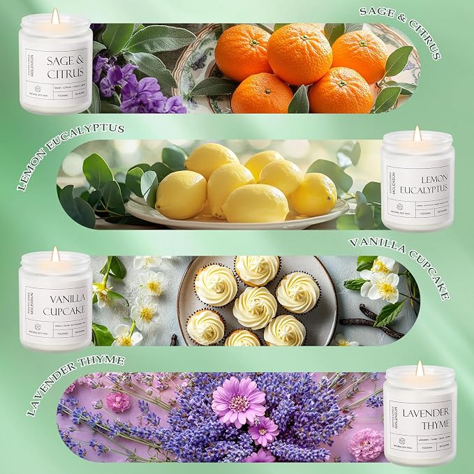 4 Pack Candles for Home Scented, 28 oz Long Lasting Candles, Soy Candle Set Gift for Women - Lavender Thyme/Lemon