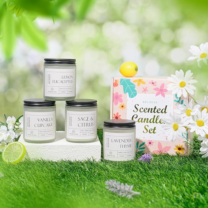 4 Pack Candles for Home Scented, 28 oz Long Lasting Candles, Soy Candle Set Gift for Women - Lavender Thyme/Lemon