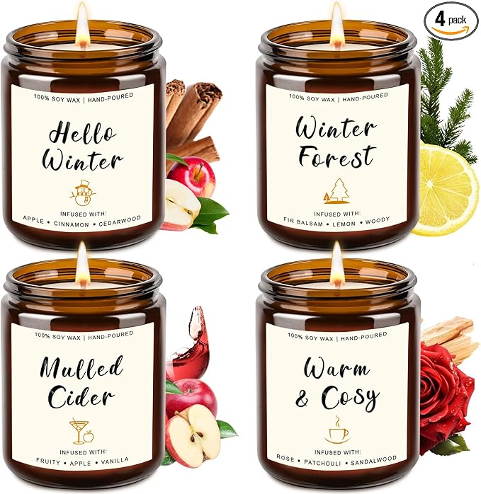 4 Pack Candles for Home Scented, 28oz Soy Candle Set, Scented Candles with Apple Cinnamon, Fir Balsam, Mulled Cider, product