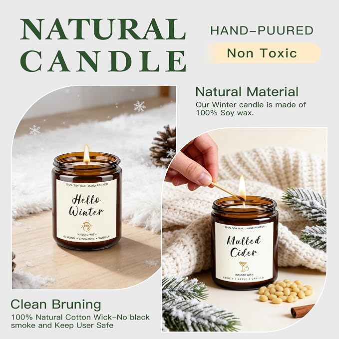 4 Pack Candles for Home Scented, 28oz Soy Candle Set, Scented Candles with Apple Cinnamon, Fir Balsam, Mulled Cider