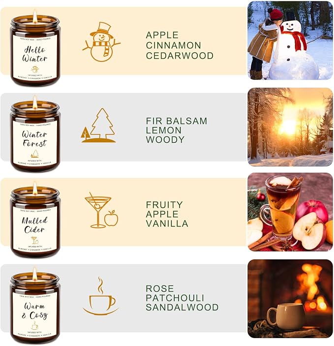 4 Pack Candles for Home Scented, 28oz Soy Candle Set, Scented Candles with Apple Cinnamon, Fir Balsam, Mulled Cider