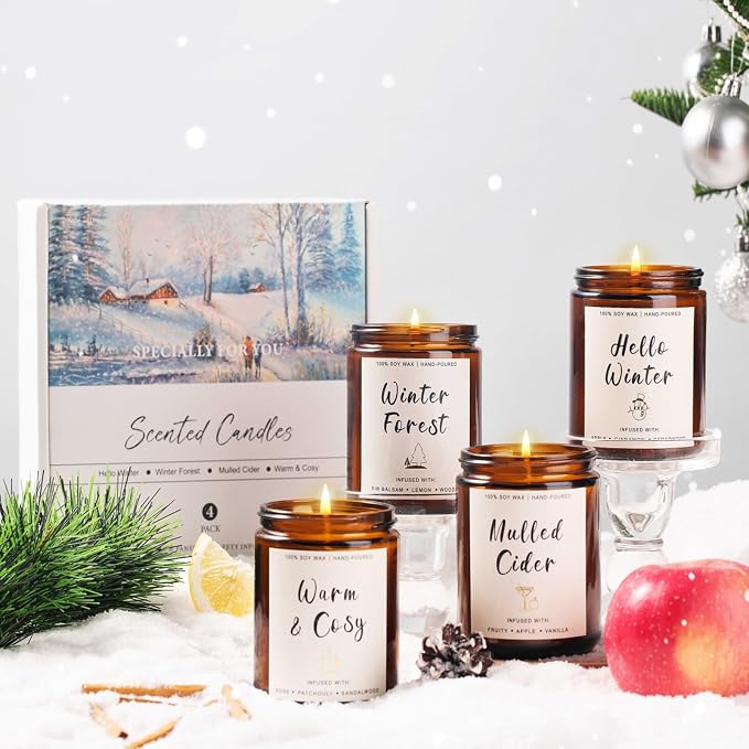 4 Pack Candles for Home Scented, 28oz Soy Candle Set, Scented Candles with Apple Cinnamon, Fir Balsam, Mulled Cider