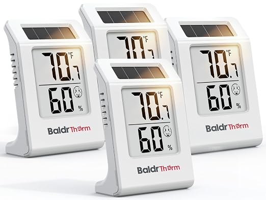 4-Pack Digital Hygrometer Thermometer, Solar Power with Battery Backup Temperature and Humidity Monitor, Mini Room