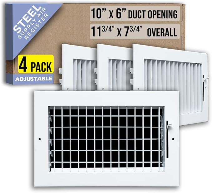 4 Pack] Fits 10x6 Duct Opening Steel Adjustable Air Supply Grille by | Register Vent Cover Grill for Sidewall and Ceiling |