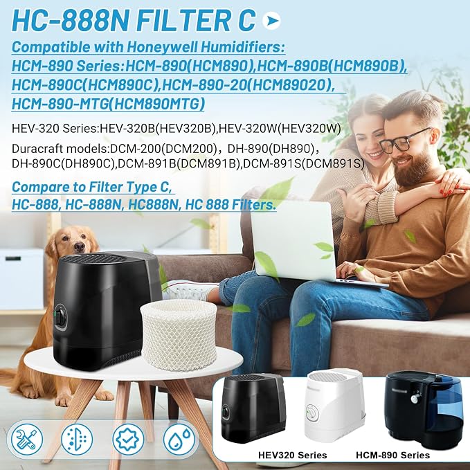 4 Pack Humidifier Wicking Filters Compatible with HC-888, HC-888N, Filter C, HCM-890, HEV-320 Series, alternate