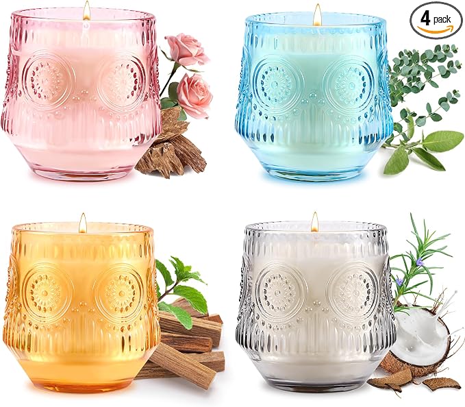4 Pack Luxury Scented Candles Gift Set - 7oz Soy Wax Candles in Glass Jars, Gifts for Women - Vanilla Coconut, Eucalyptus