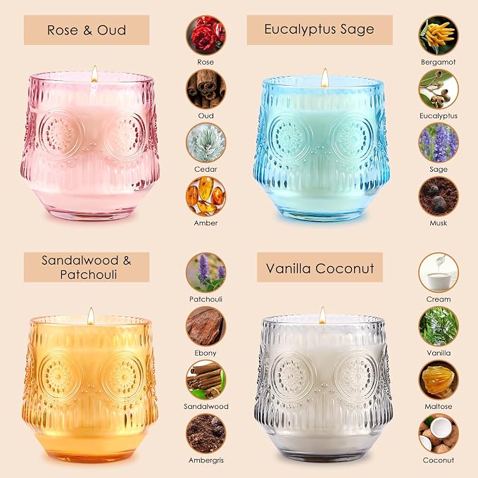 4 Pack Luxury Scented Candles Gift Set - 7oz Soy Wax Candles in Glass Jars, Gifts for Women - Vanilla Coconut, Eucalyptus