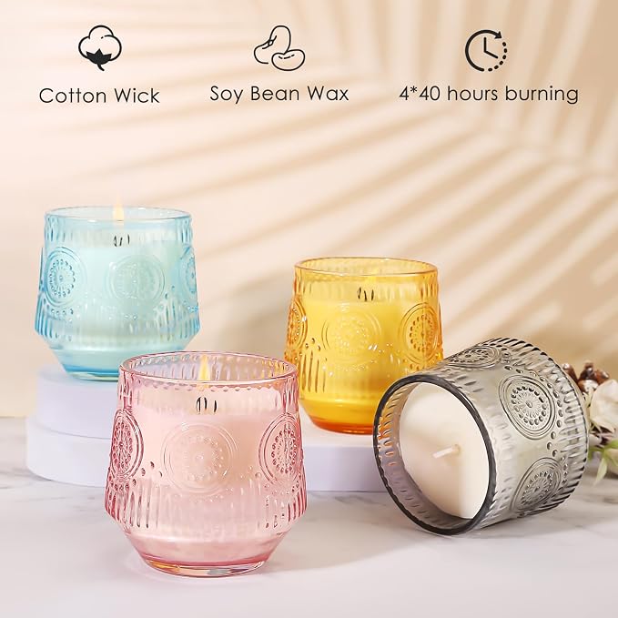 4 Pack Luxury Scented Candles Gift Set - 7oz Soy Wax Candles in Glass Jars, Gifts for Women - Vanilla Coconut, Eucalyptus
