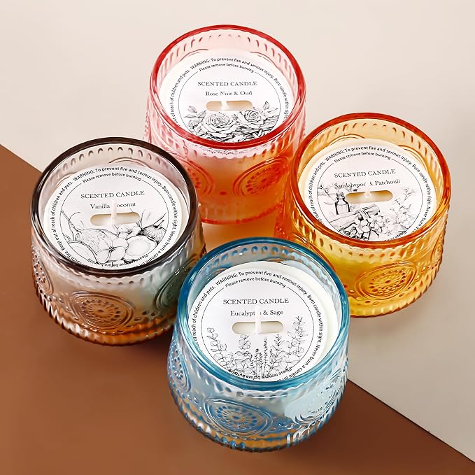 4 Pack Luxury Scented Candles Gift Set - 7oz Soy Wax Candles in Glass Jars, Gifts for Women - Vanilla Coconut, Eucalyptus