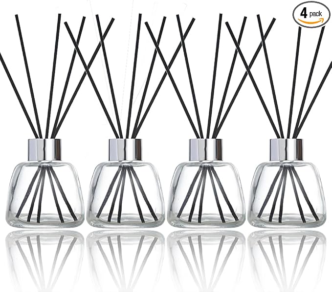 4 Pack Reed Diffuser Bottle Empty Glass Jar 3.52 oz Refillable Essential Oil Bottles with 30pcs Reeds Sticks, product image