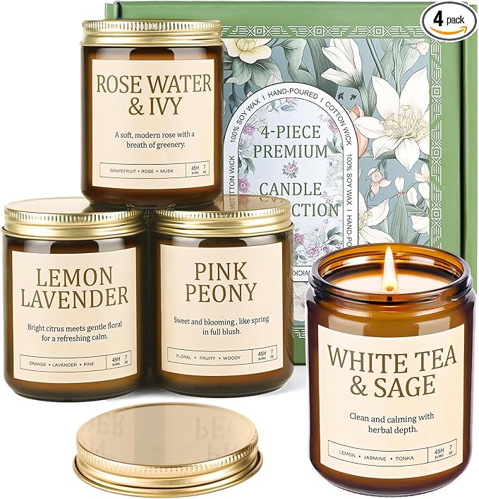 4 Pack Scented Candles for Women: 28oz Natural Soy Candles for Home Scented, Up to 200H Burning, Aromatherapy Candle Set