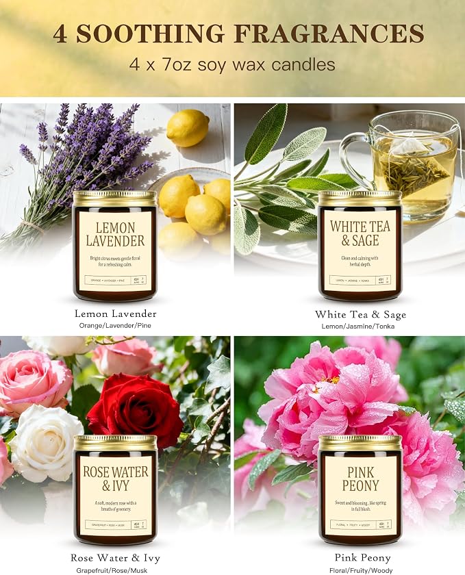 4 Pack Scented Candles for Women: 28oz Natural Soy Candles for Home Scented, Up to 200H Burning, Aromatherapy Candle Set