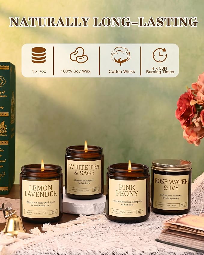4 Pack Scented Candles for Women: 28oz Natural Soy Candles for Home Scented, Up to 200H Burning, Aromatherapy Candle Set