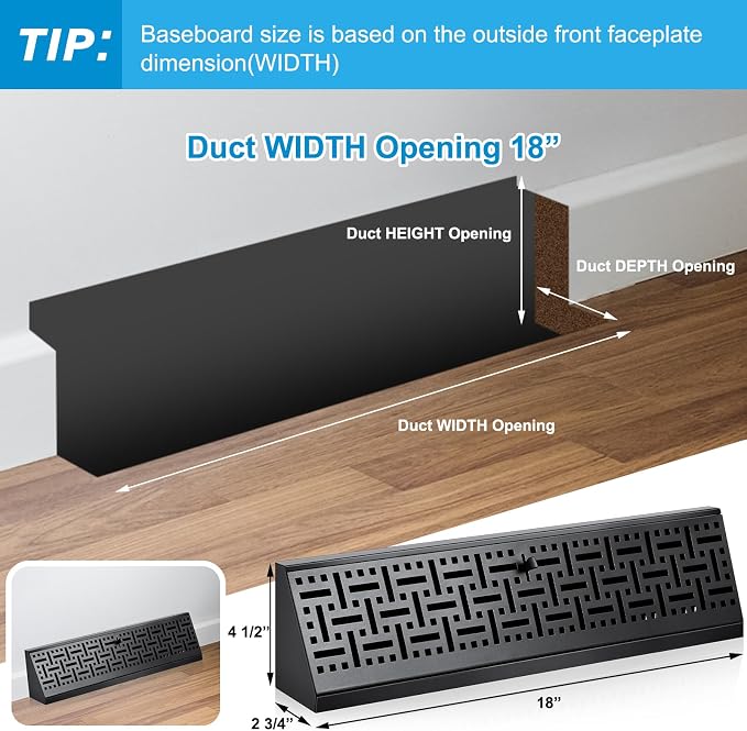4 Pcs 18 Inch Baseboard Register Vent Covers, Black Heavy Duty Steel Air Diffuser with Adjustable Lever for, alternate view 2