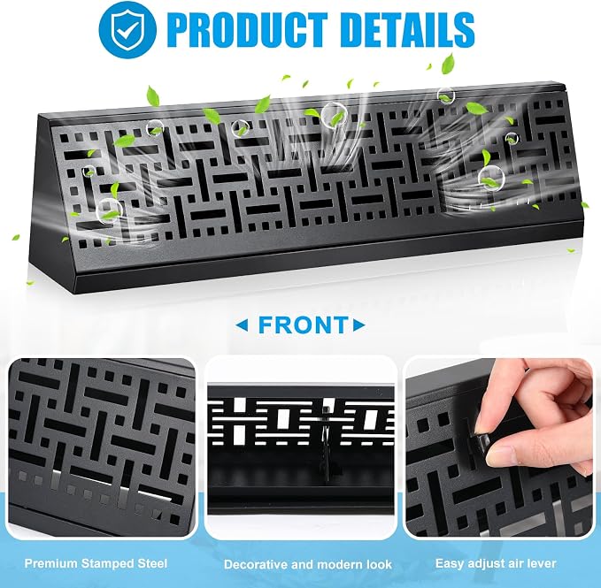 4 Pcs 18 Inch Baseboard Register Vent Covers, Black Heavy Duty Steel Air Diffuser with Adjustable Lever for, alternate view 3