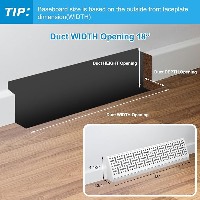 4 Pcs 18 Inch Baseboard Register Vent Covers, White Heavy Duty Steel Air Diffuser with Adjustable Lever for Floor/Wall Duct