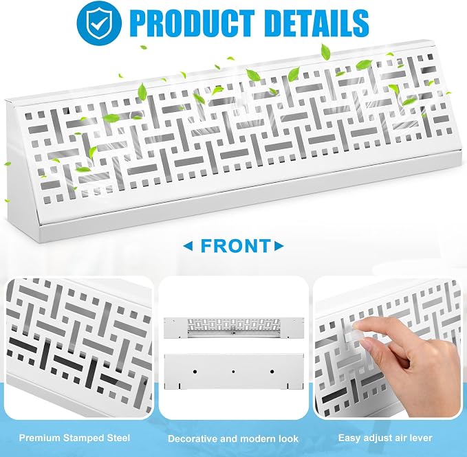 4 Pcs 18 Inch Baseboard Register Vent Covers, White Heavy Duty Steel Air Diffuser with Adjustable Lever for Floor/Wall Duct