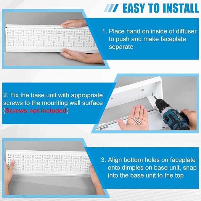 4 Pcs 18 Inch Baseboard Register Vent Covers, White Heavy Duty Steel Air Diffuser with Adjustable Lever for Floor/Wall Duct