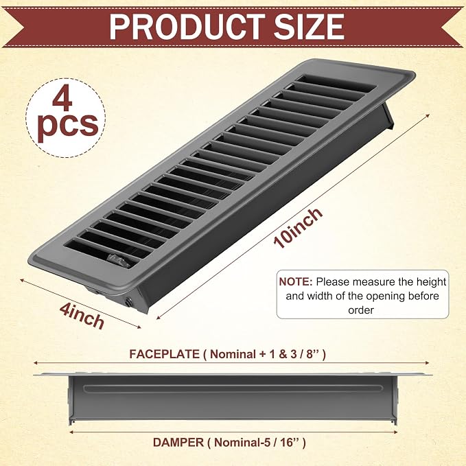 4 Pcs 4" x 12" Floor Register Vent Covers Heavy Duty Steel Walkable Floor Vents with Adjustable Airflow Curved Safe Edges and